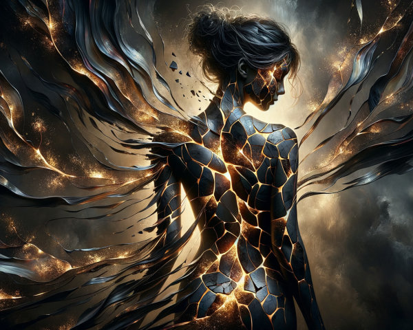 Ethereal Figure with Shattered Dark Form and Wings
