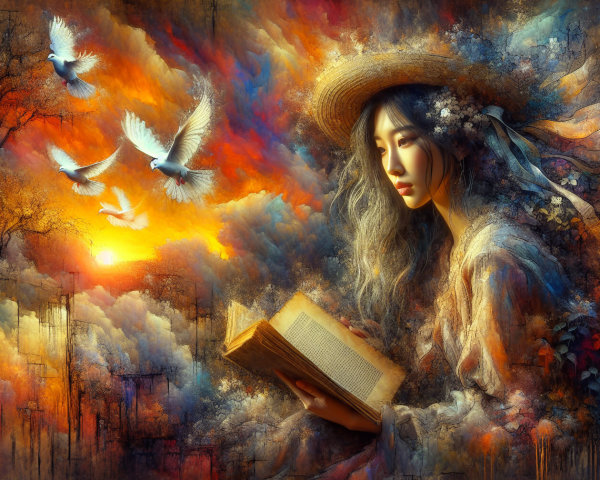 Young Woman Reading in Dreamlike Colorful Landscape