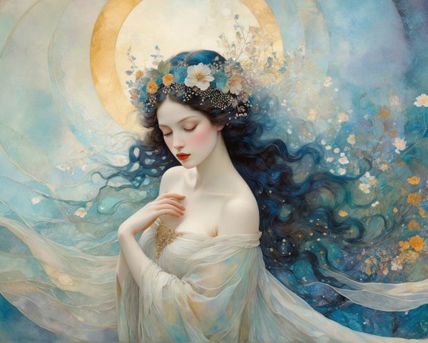 Ethereal figure with blue hair in a dreamy setting