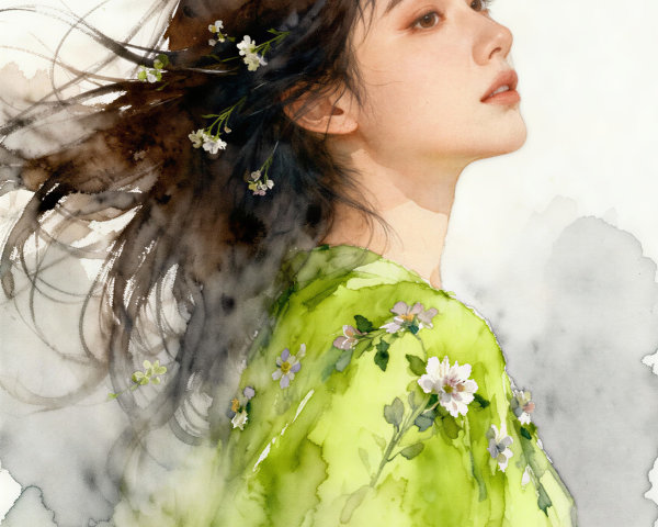 Watercolor Portrait of a Woman with Floral Accents
