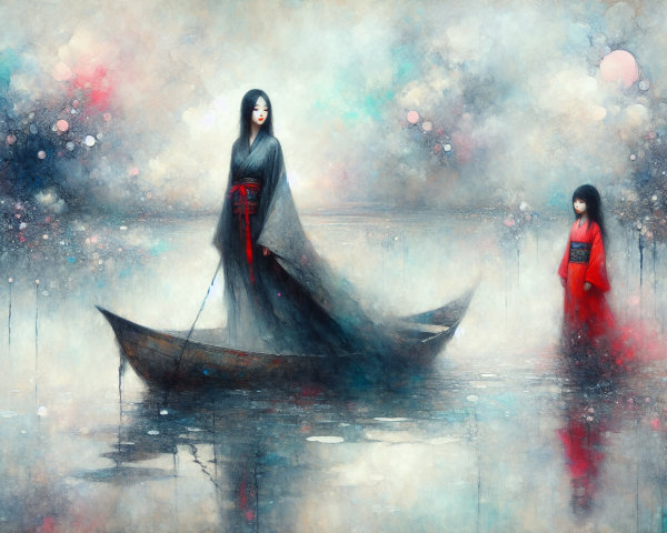 Digital Painting of Women in Kimonos on Water