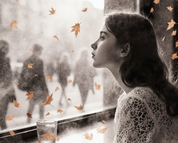 Contemplative Woman by Window in Autumn Scene