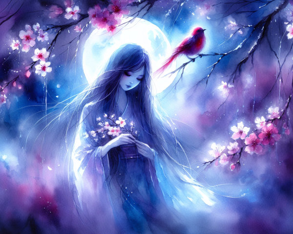 Ethereal figure in dreamy landscape with cherry blossoms