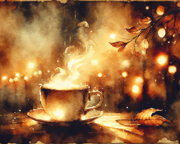 Cozy Coffee Scene with Autumn Leaves and Ambient Light