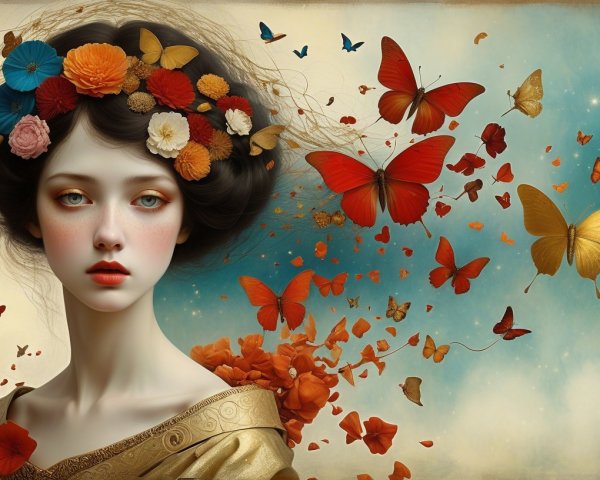 Ethereal Woman with Floral Crown and Butterflies
