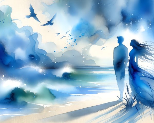 Watercolor Beach Scene with Couple Silhouette