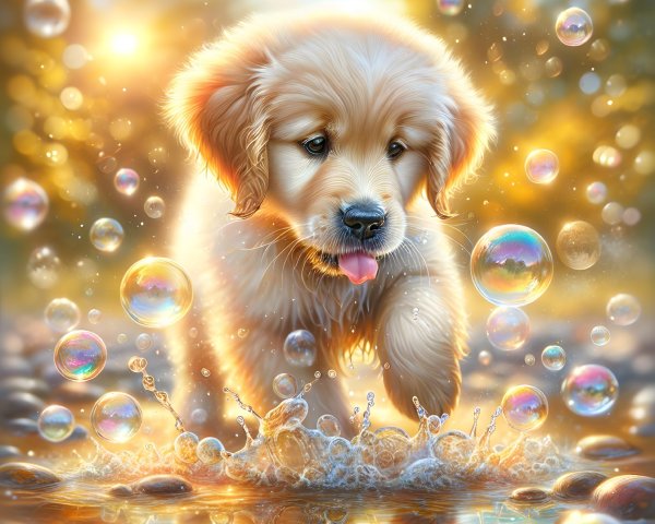 Golden Retriever Puppy Playing in Shallow Water