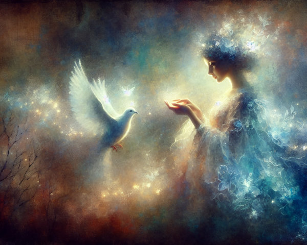 Ethereal Scene with Graceful Figure and Dove