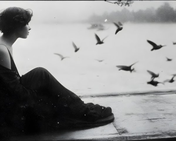 Melancholic lakeside scene with a thoughtful woman