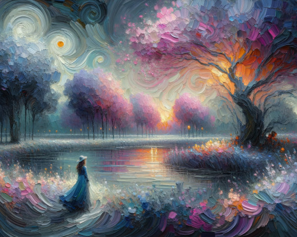 Serene Dusk Landscape with River and Blossoming Flowers