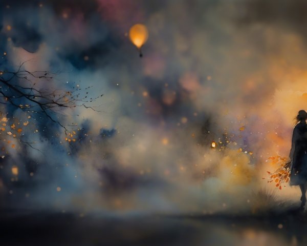 Couple Walking in Misty Autumn Scene with Lanterns