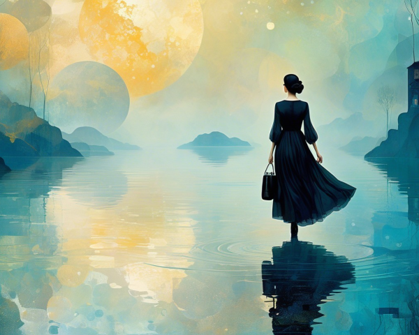 Woman in Black Dress by Serene Lake at Dusk
