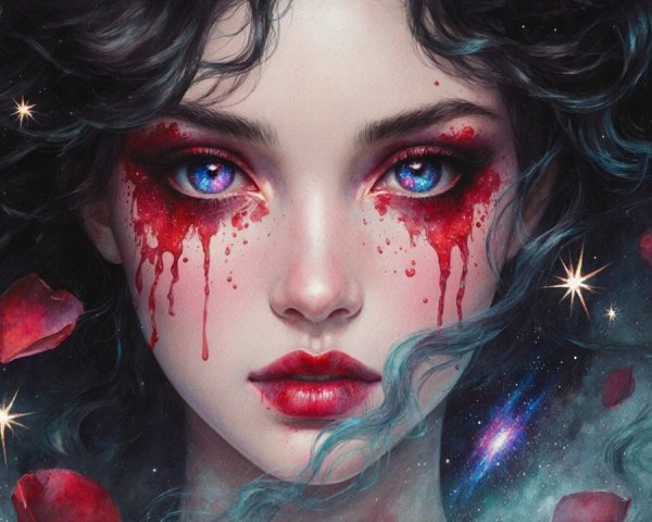 Young woman with blue eyes and crimson tears in galaxy