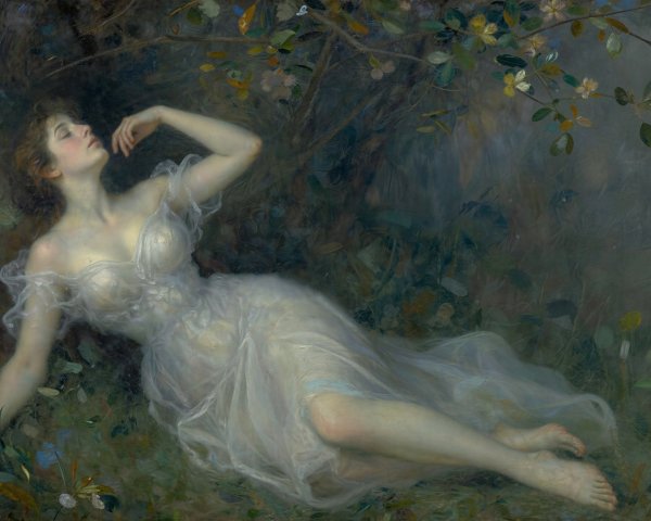 Oil Painting of Woman in Dreamlike Forest Setting