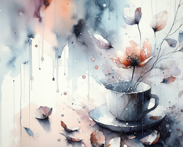 Watercolor Painting of Cup, Saucer, and Petals