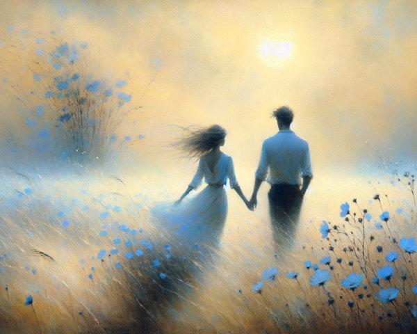 Couple Walking Through a Field of Blue Flowers