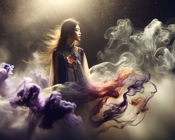 Ethereal figure in colorful smoke with floral patterns