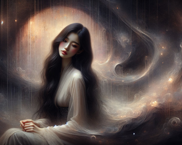 Serene figure in cosmic backdrop with flowing hair