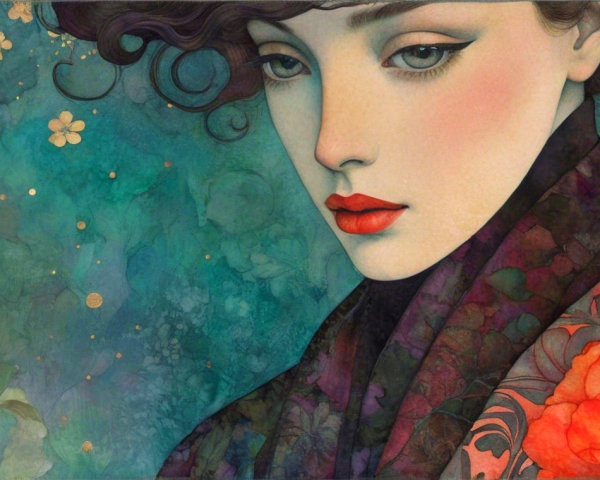 Illustration of a Woman with Red Lips and Floral Elements