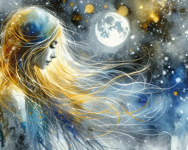 Watercolor Illustration of a Woman in Night Sky