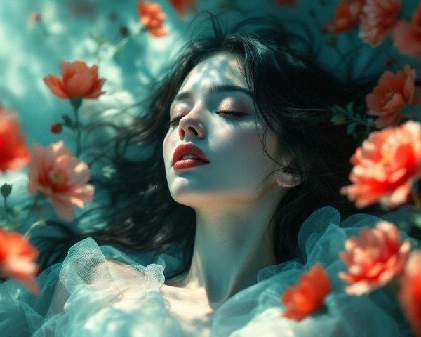 Young Woman in Serene Setting with Flowers and Fabric