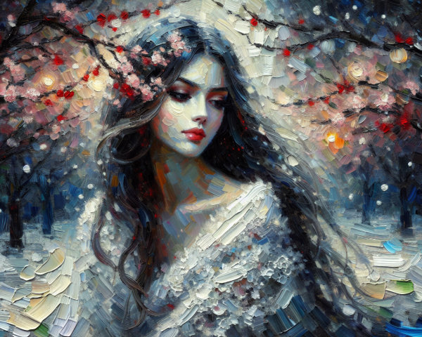 Impasto Oil Painting of Asian Woman in Winter Scene