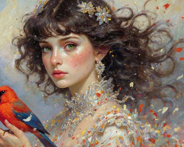 Young woman in gown with floral accents and bird