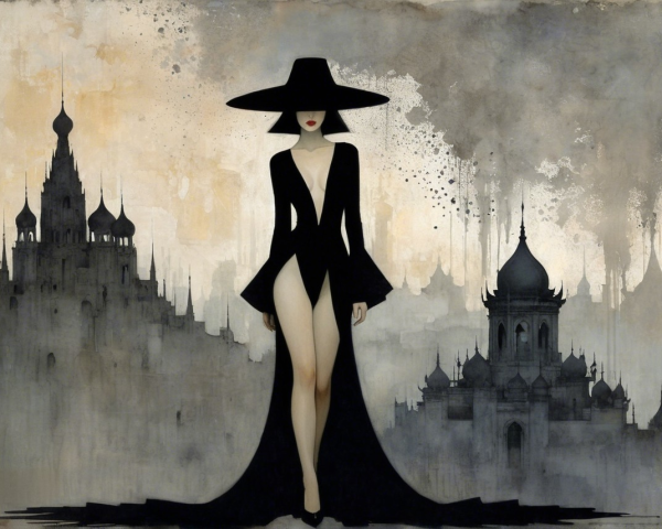 Mysterious Figure in Elegant Black Gown Against Shadows