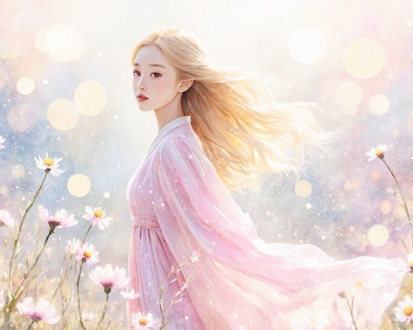 Young woman in pastel dress in blooming daisy field