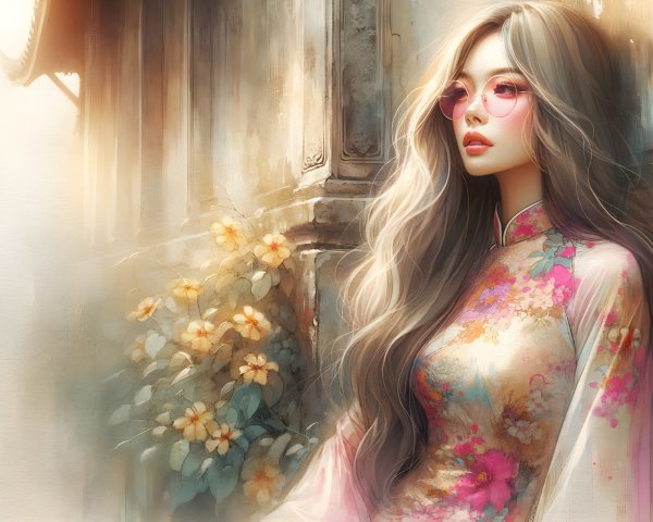 Portrait of a Young Woman in Floral Dress and Sunglasses