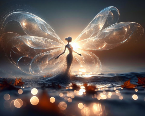 Mystical figure with butterfly wings in serene water
