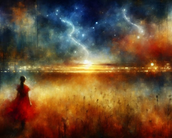 Figure in Red Dress Against Vibrant Sunset Landscape
