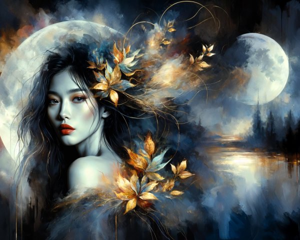 Serene Female Figure with Moons in Mystical Landscape