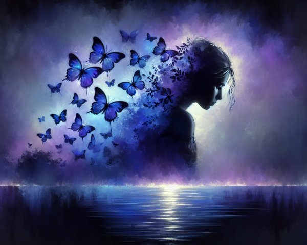 Serene Silhouette with Ethereal Butterflies and Colors