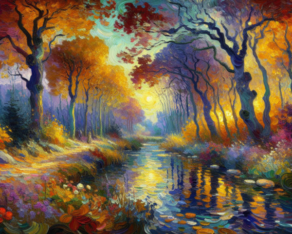Vibrant Autumn Scene with Tranquil Creek and Forest