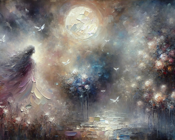 Dreamy Landscape with Ethereal Figure and Colorful Trees
