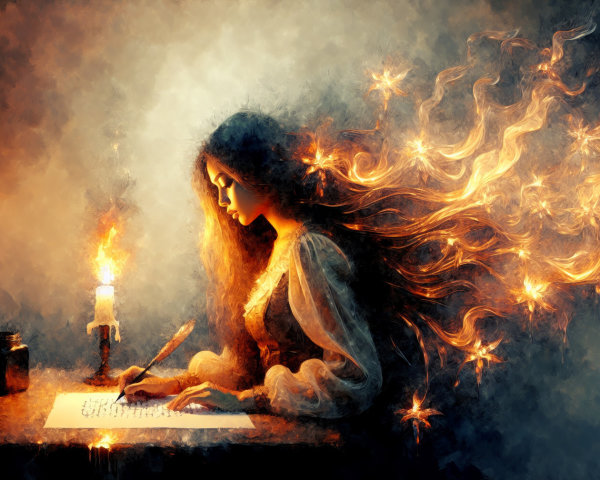 Young Woman Writing with Quill in Magical Setting