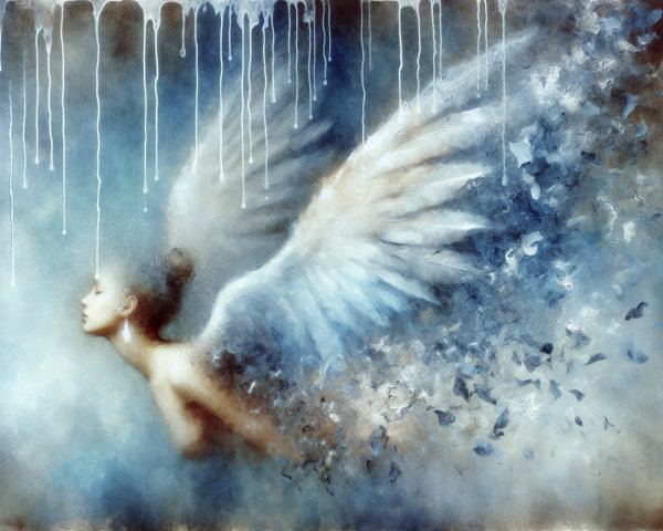 Angelic Female Figure with Feathered Wings in Motion