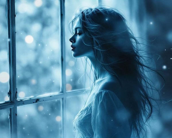 Photorealistic portrait of a woman by a rustic window