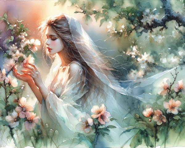 Serene Young Woman in Flowing Gown Among Blossoms