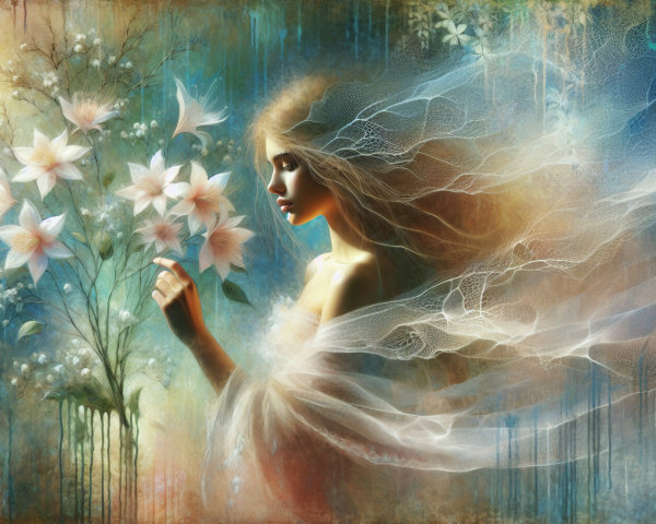 Ethereal Figure Surrounded by Delicate Flowers