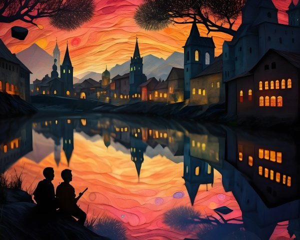 Sunset Landscape with Figures by a Calm Lake