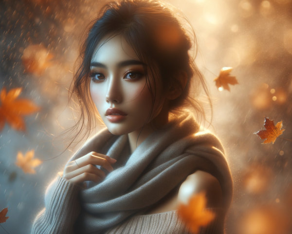 Young woman in oversized sweater among autumn leaves