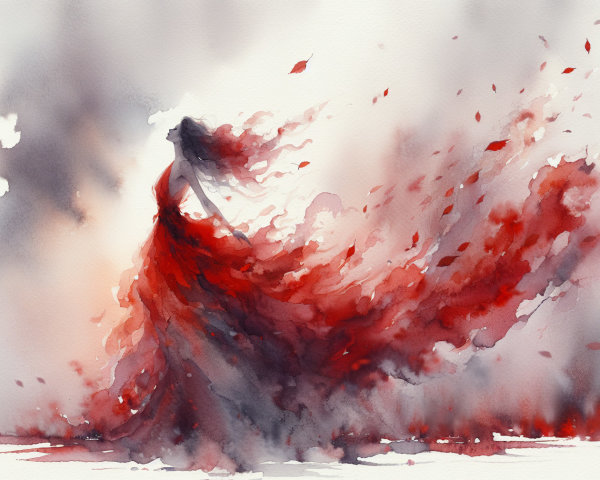 Fluid Watercolor of Figure in Red Dress with Leaves