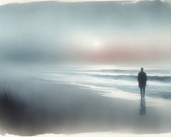 Solitary Figure on Tranquil Dawn Beach