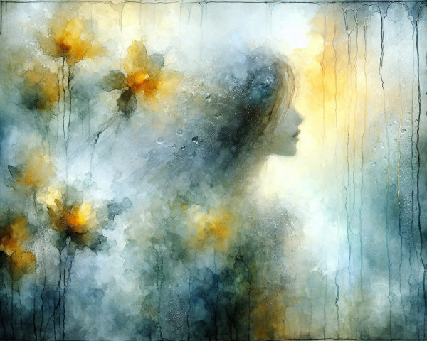 Ethereal Silhouette of Woman with Watercolor Elements