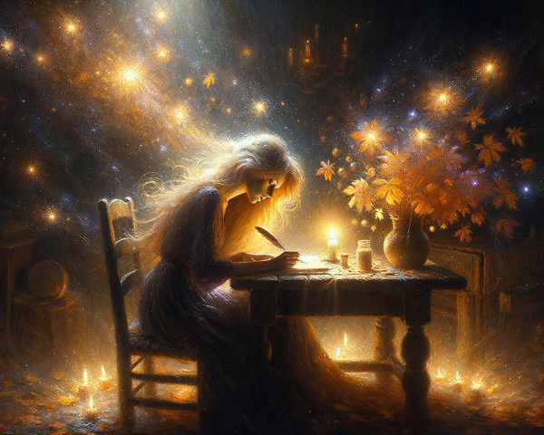 Serene Woman Writing in Candlelit Room with Flowers