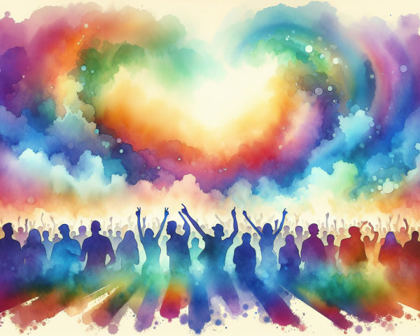 Vibrant Watercolor Celebration Scene with Silhouetted Crowd