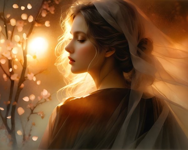 Serene Woman Profile with Veil and Cherry Blossoms