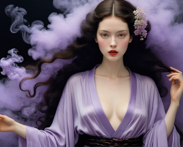Lavender Kimono Figure Surrounded by Ethereal Smoke